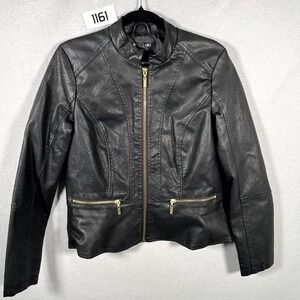 Baccini Motorcycle Jacket Womens Medium Black Faux Leather Lined Mock Neck